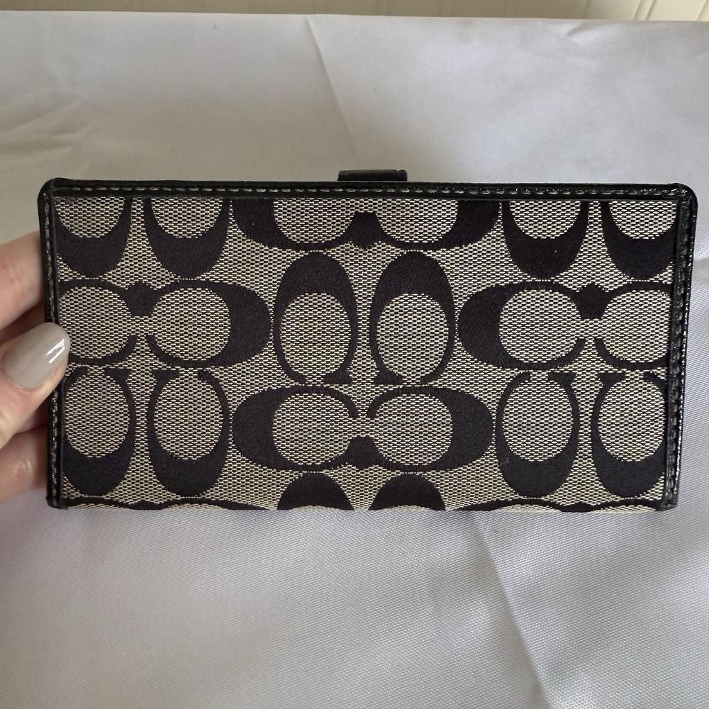 Coach Black & Gray Signature C Jacquard Bi Fold Checkbook Cover Wallet